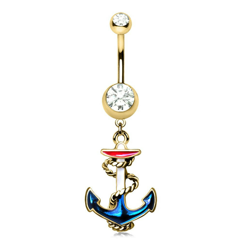 Gold Plated Hooked Vintage Anchor Dangle Navel Ring.