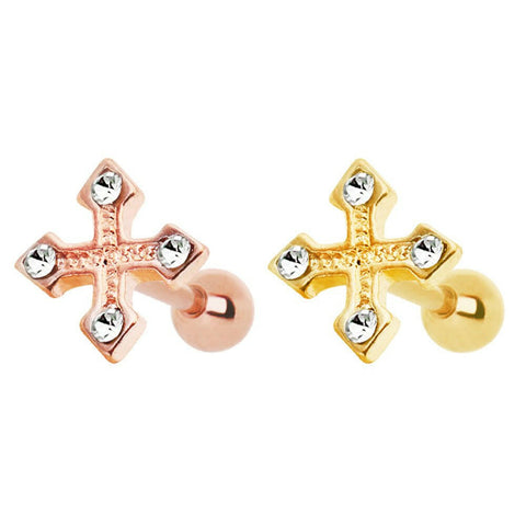 Gold Plated Jeweled Cross Bottony Cartilage Earring - Impulse Piercings