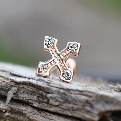 Gold Plated Jeweled Cross Bottony Cartilage Earring - Impulse Piercings