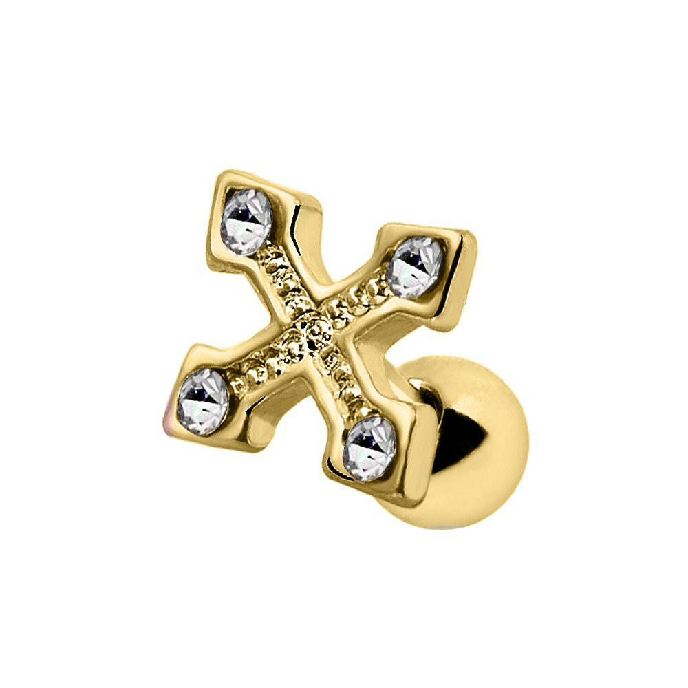 Gold Plated Jeweled Cross Bottony Cartilage Earring - Impulse Piercings