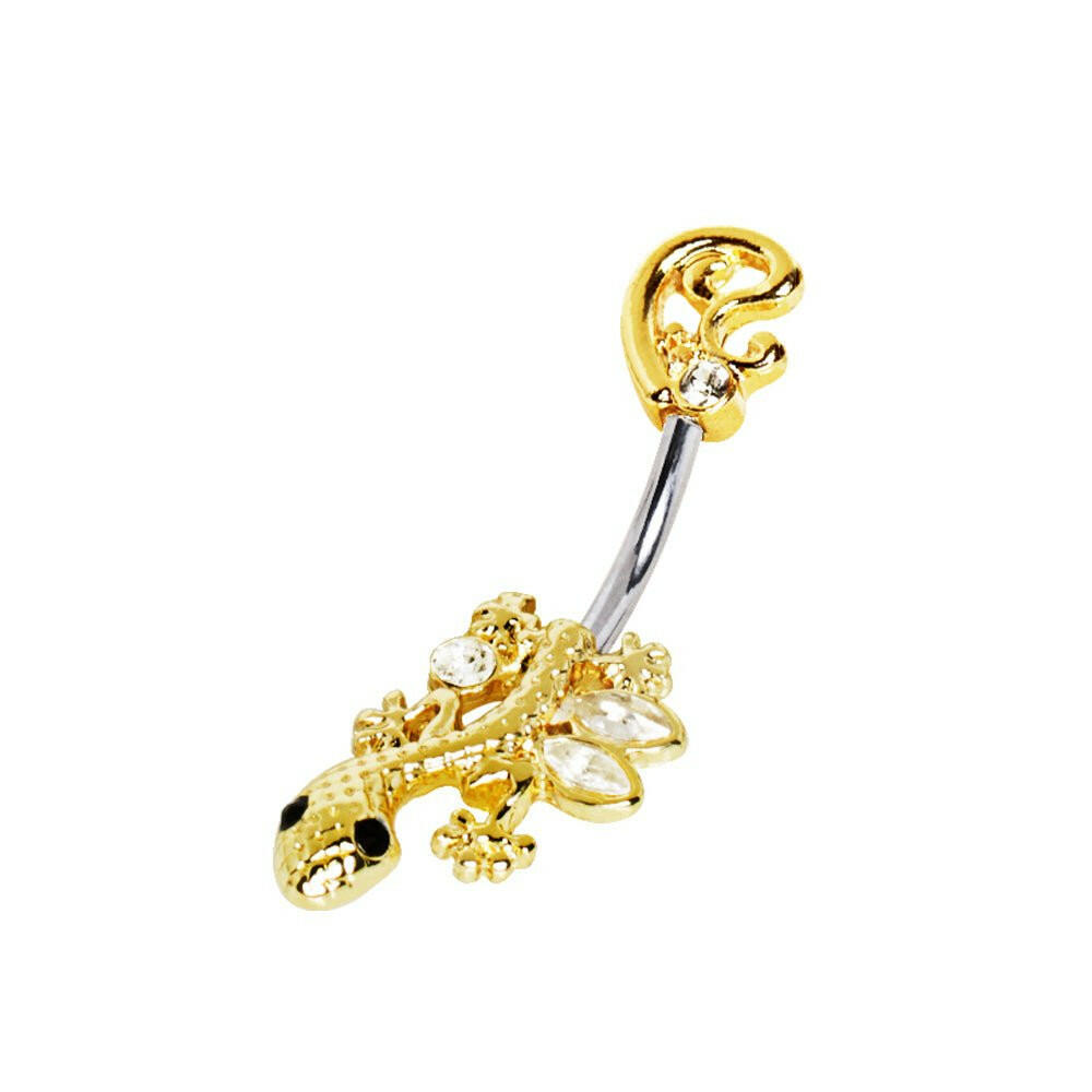 Gold Plated Jeweled Filigree Gecko Navel Ring.