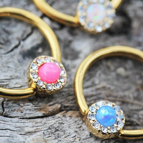 Gold Plated Jeweled Synthetic Opal Captive Bead Ring Nipple Jewelry - Impulse Piercings