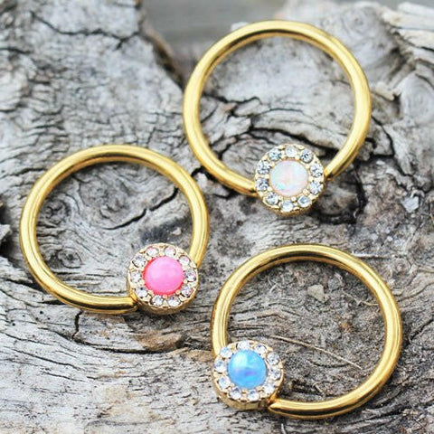 Gold Plated Jeweled Synthetic Opal Captive Bead Ring Nipple Jewelry - Impulse Piercings