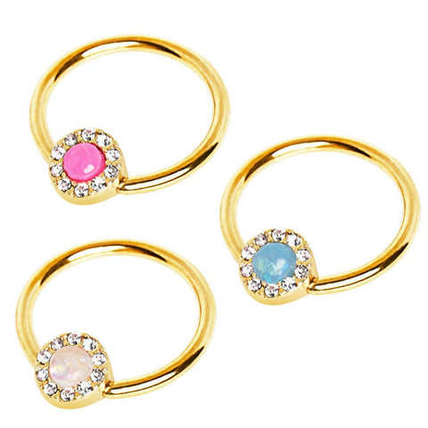 Gold Plated Jeweled Synthetic Opal Captive Bead Ring Nipple Jewelry.