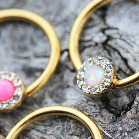 Gold Plated Jeweled Synthetic Opal Captive Bead Ring Nipple Jewelry - Impulse Piercings