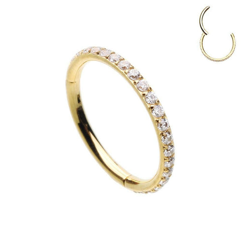 Gold Plated Side Facing Multi Gem Steel Seamless Hinged Clicker Ring.