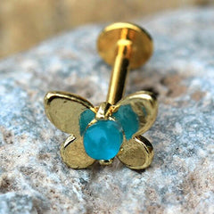 Gold Plated Teal Blue Butterfly Labret - Impulse Piercings