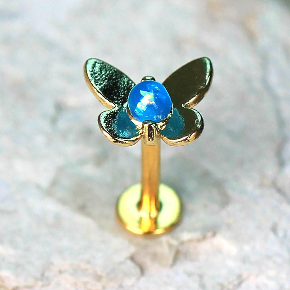 Gold Plated Teal Blue Butterfly Labret - Impulse Piercings