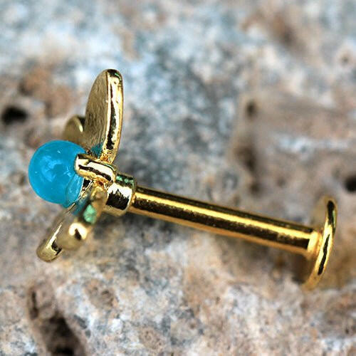 Gold Plated Teal Blue Butterfly Labret - Impulse Piercings