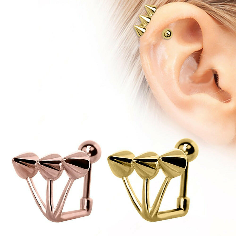 Gold Plated "Trident Triple" Spike Cartilage Earring - Impulse Piercings