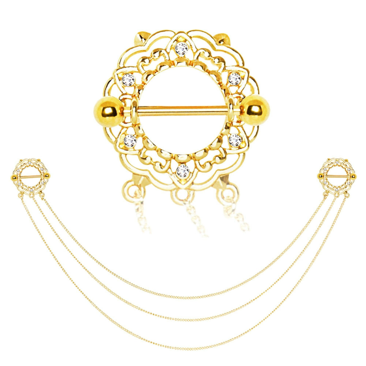 Gold Plated Triple Chain Floral Nipple Shields, covet-body-jewelry.