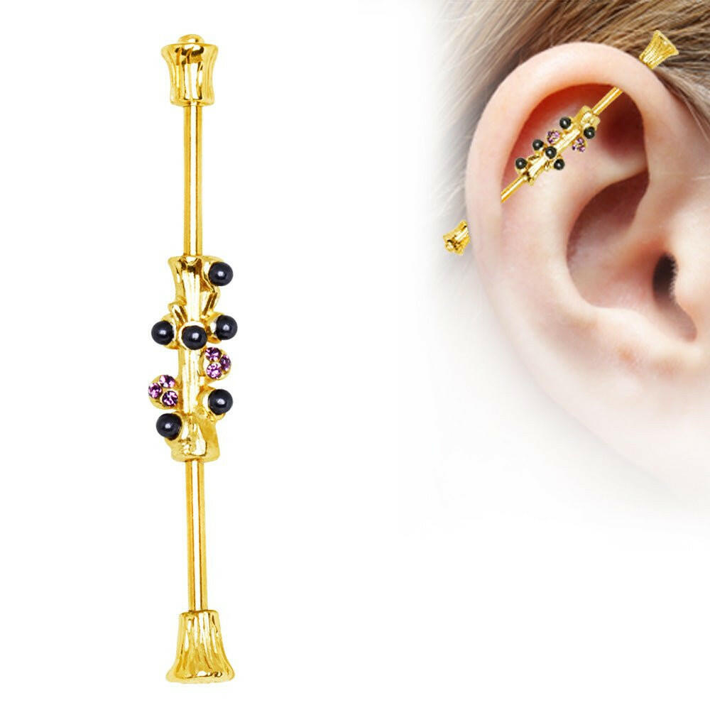 Gold Plated Whimsical Tree Industrial Barbell.