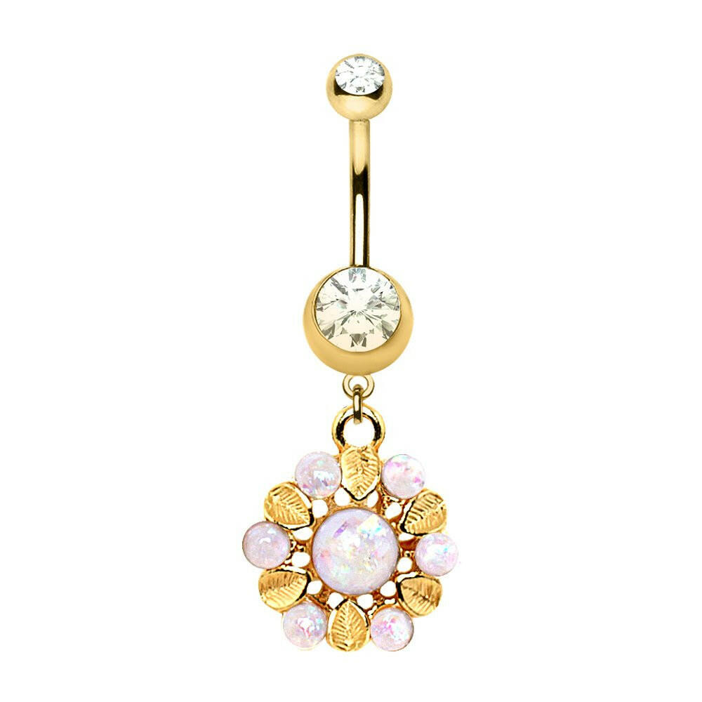 Gold Plated White Synthetic Opal Lavish Blossom Dangle Navel Ring.