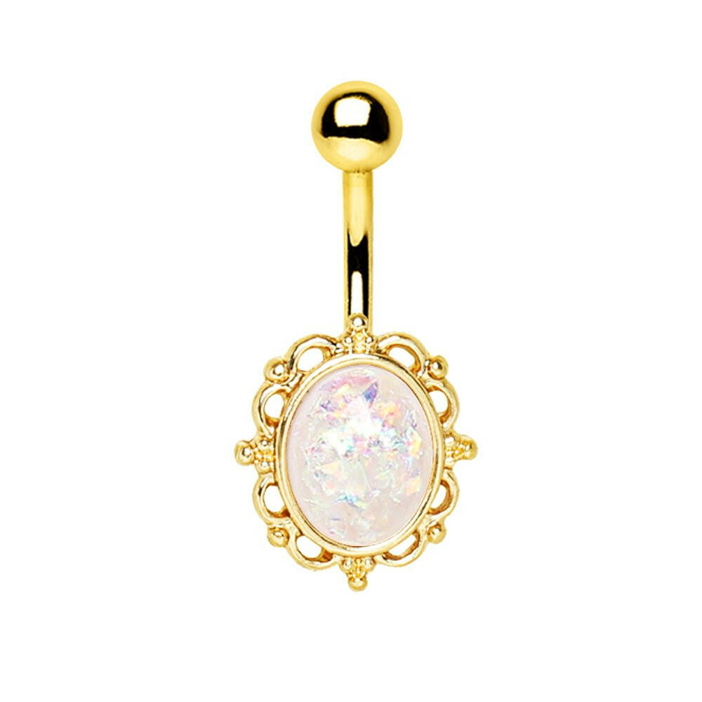 Gold Plated White Synthetic Opal Ornate Charm Navel Ring.