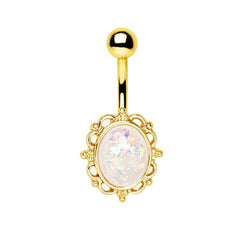 Gold Plated White Synthetic Opal Ornate Charm Navel Ring.