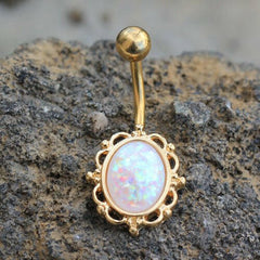 Gold Plated White Synthetic Opal Ornate Charm Navel Ring - Impulse Piercings