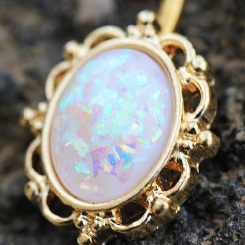 Gold Plated White Synthetic Opal Ornate Charm Navel Ring - Impulse Piercings