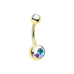 Gold PVD Double Gem Ball Steel Belly Button Ring.