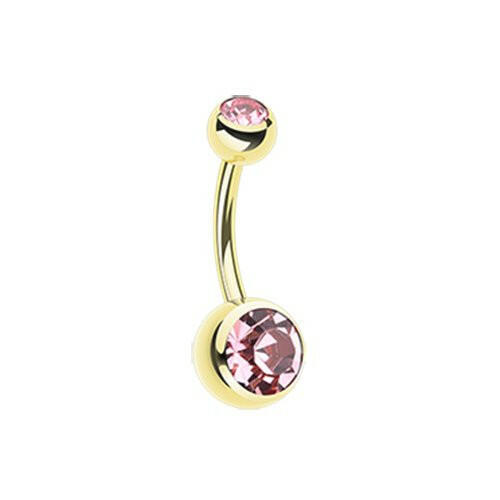 Gold PVD Double Gem Ball Steel Belly Button Ring.