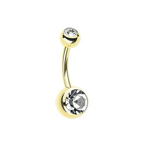 Gold PVD Double Gem Ball Steel Belly Button Ring.