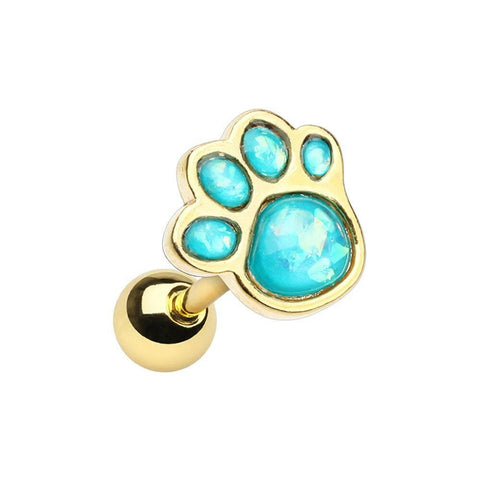 Golden Animal Lover Opal Paw Print Cartilage Tragus Earring.