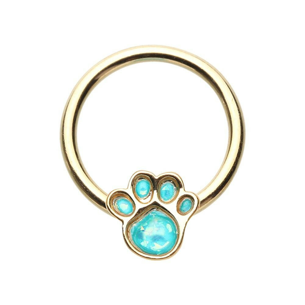 Golden Animal Lover Paw Print Glitter Opal Steel Captive Bead Ring.