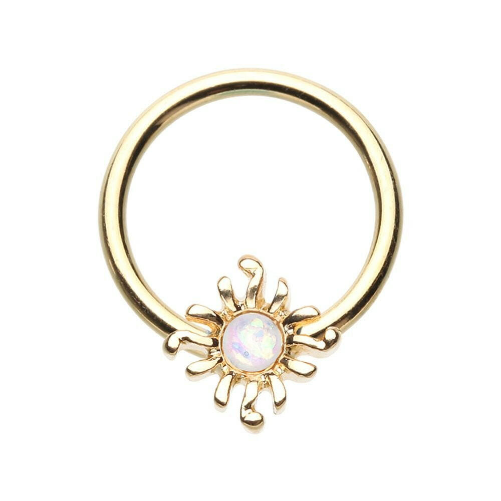 Golden Blazing Glitter Opal Sun Steel Captive Bead Ring.