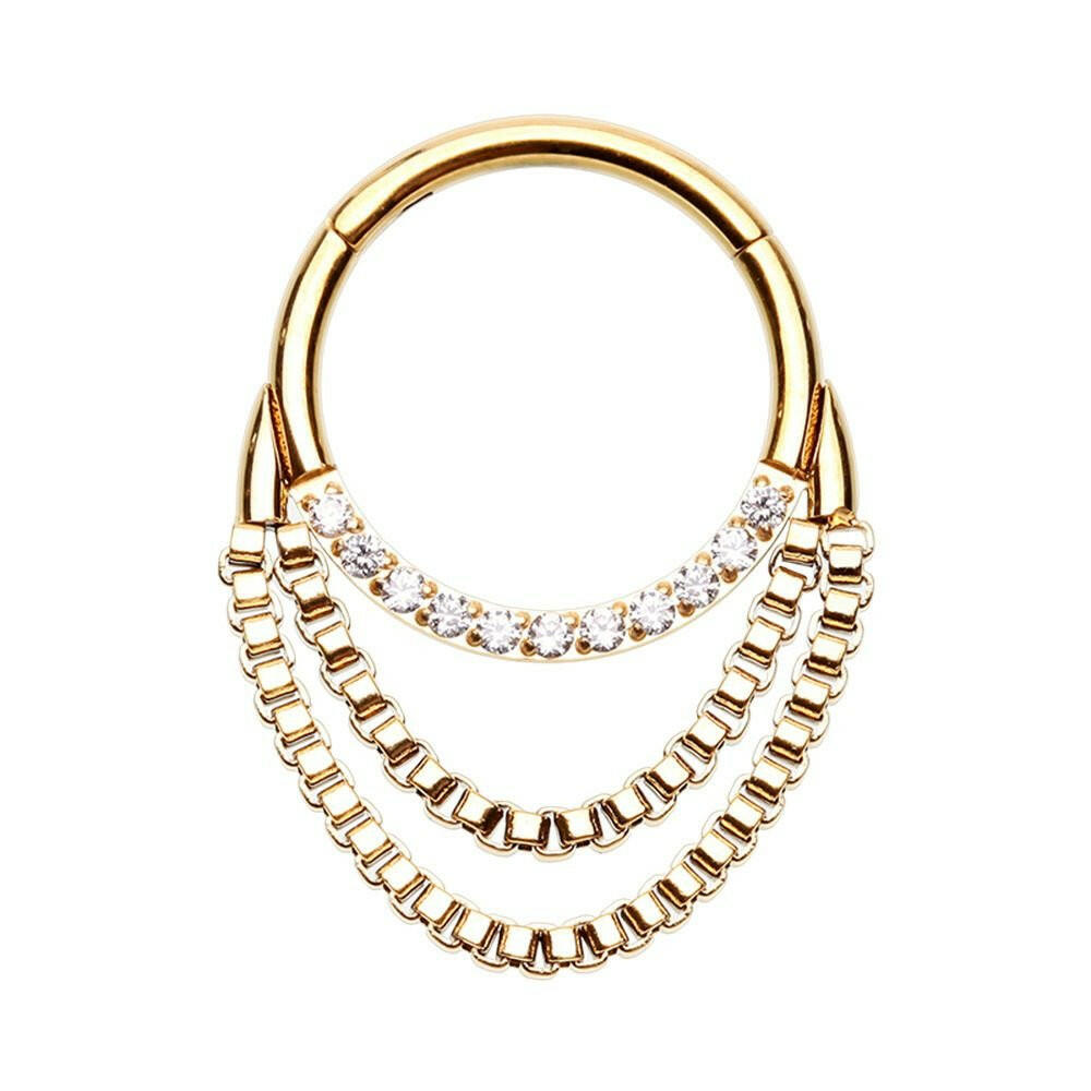 Golden Chained Front Facing Multi Gem Steel Seamless Hinged Clicker Ring.