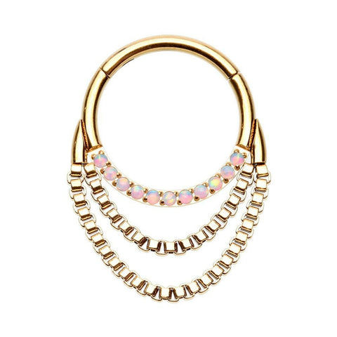 Golden Chained Front Facing Multi Opal Steel Seamless Hinged Clicker Ring.