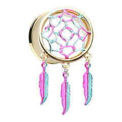 Golden Dreamcatcher Feather Dangle Ear Gauge Plug.