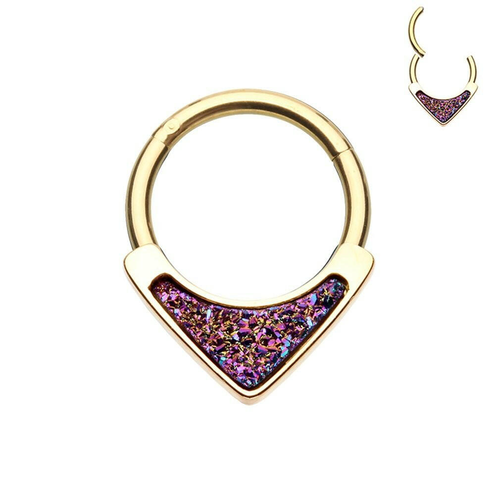 Golden Druzzy Inlay Teardrop Steel Seamless Hinged Clicker Ring.