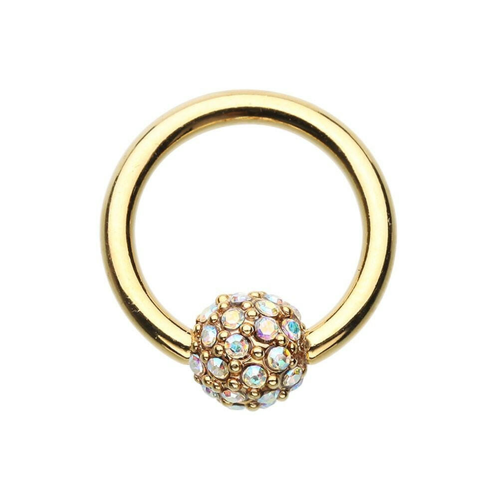 Golden Full Dome Pave Steel Captive Bead Ring.