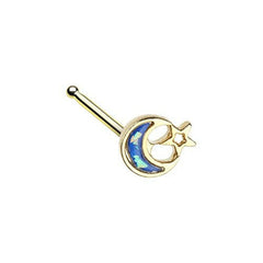 Golden Opal Crescent Moon & Star Nose Stud Ring.