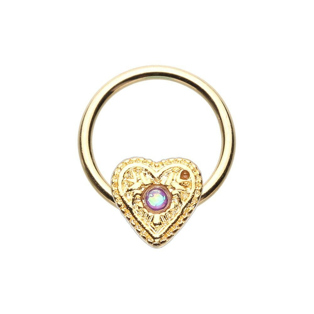 Golden Ornate Opal Heart Steel Captive Bead Ring.