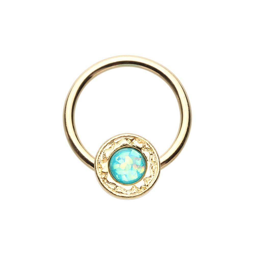 Golden Ornate Round Opal Steel Captive Bead Ring.