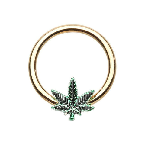 Golden Rasta Leaf Steel Captive Bead Ring.