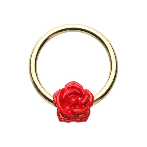 Golden Red Rose Petal Steel Captive Bead Ring.