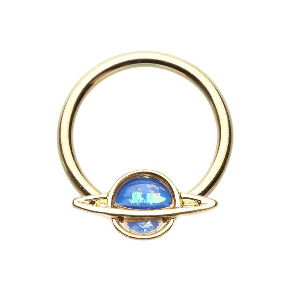 Golden Saturn Planet Glitter Opal Steel Captive Bead Ring.