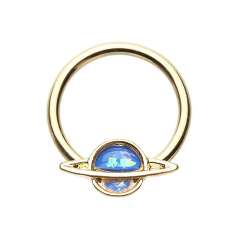 Golden Saturn Planet Glitter Opal Steel Captive Bead Ring.