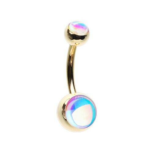 Golden Synthetic Moonstone Double Ball Inlay Steel Belly Button Ring.