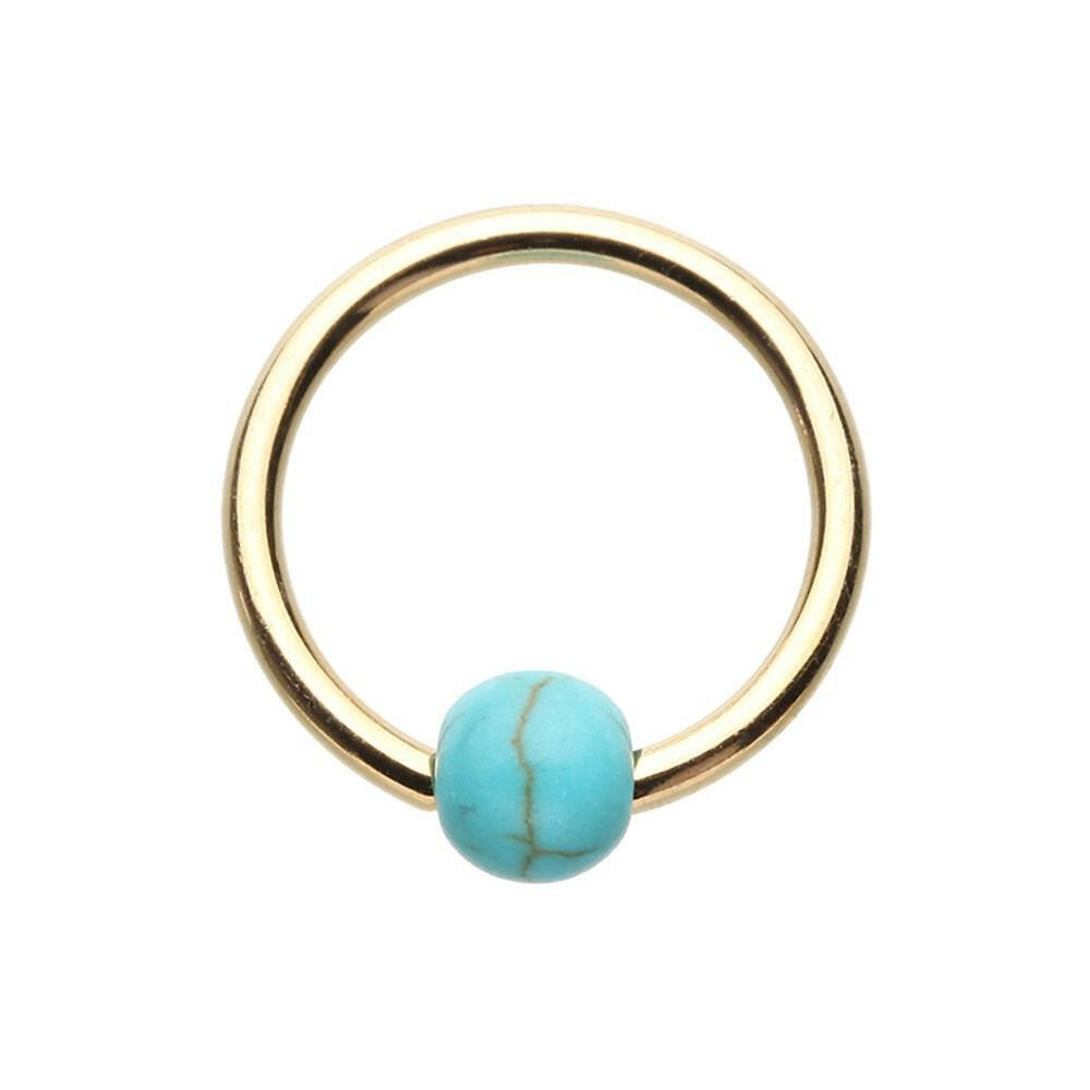 Golden Synthetic Turquoise Bead Captive Ring.