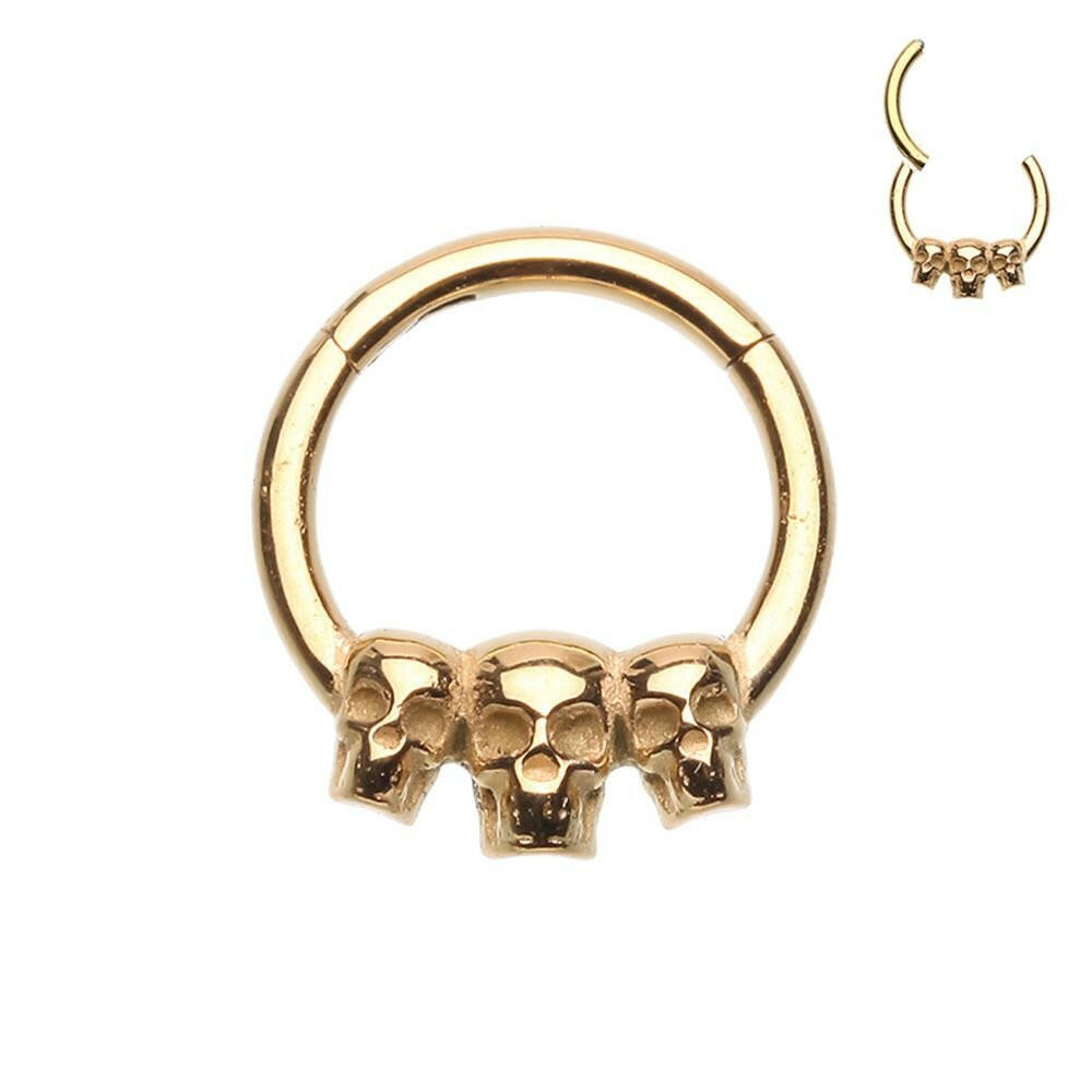 Golden Triple Skull Steel Seamless Hinged Clicker Ring.