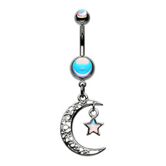 Illuminating Moonstone Filigree Hematite Moon Star Sparkle Belly Button Ring.