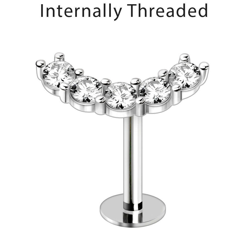 Internally Threaded Stainless Steel Curved Cinco Prong Set CZ Labret.