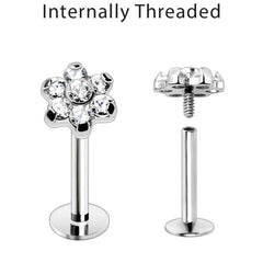 Internally Threaded Stainless Steel CZ Flower Labret.