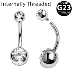 Internally Threaded Titanium Navel Ring with CZ Balls.