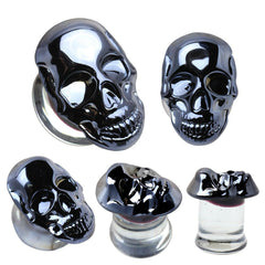 Metallic Black Skull Glass Double Flare Plug - Impulse Piercings