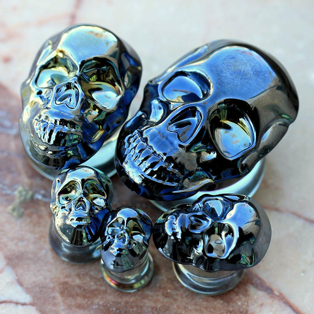 Metallic Black Skull Glass Double Flare Plug - Impulse Piercings