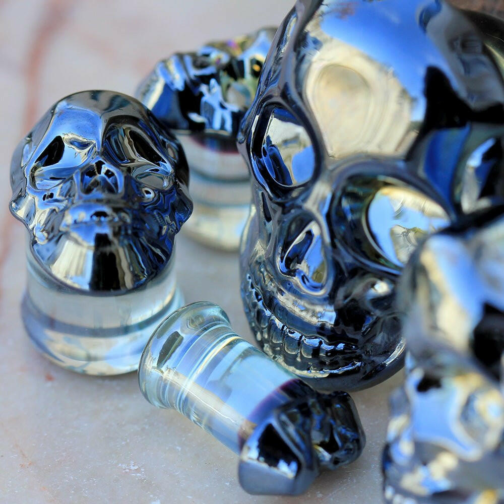 Metallic Black Skull Glass Double Flare Plug - Impulse Piercings