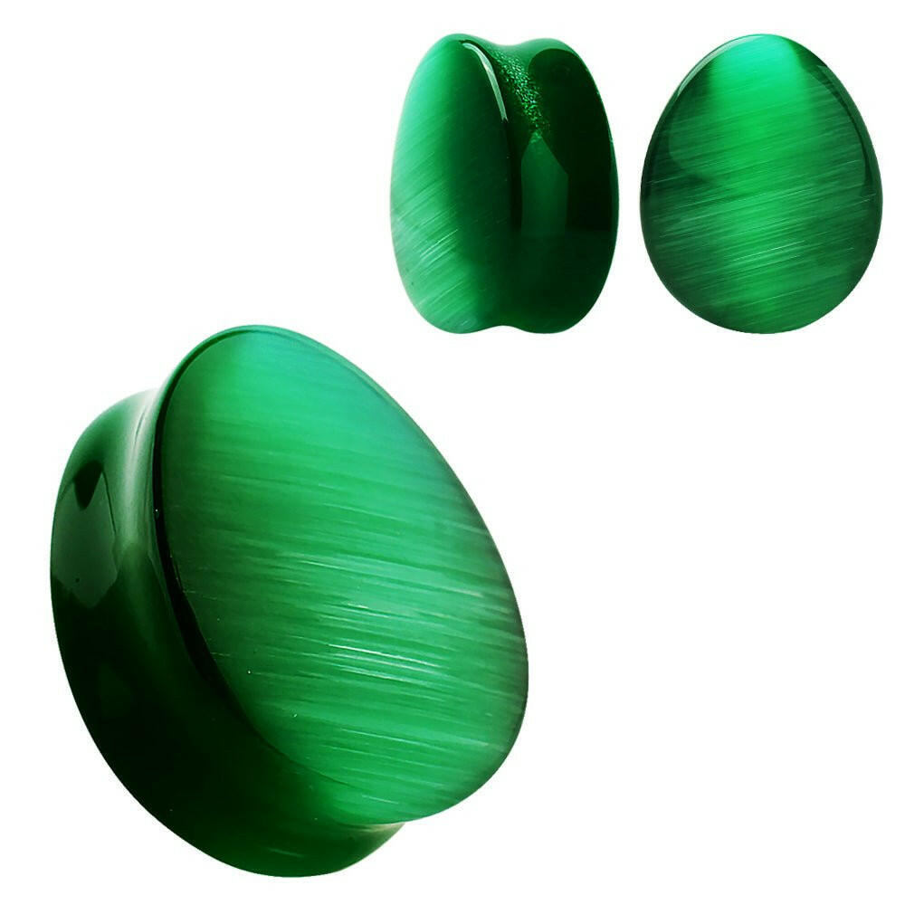 Natural Green Cat's Eye Double Flare Teardrop Plug.